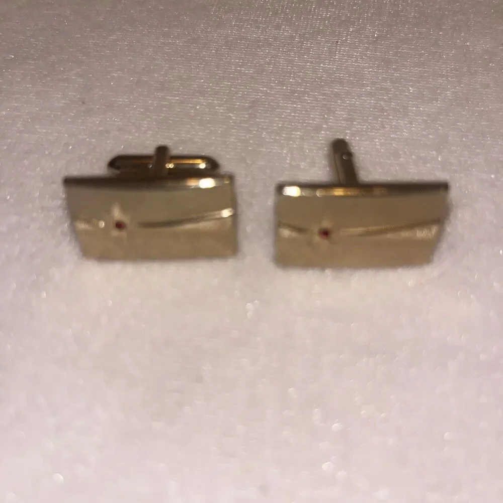 Swank Gold-tone & Red Rhinestone Rectangular Cufflinks
